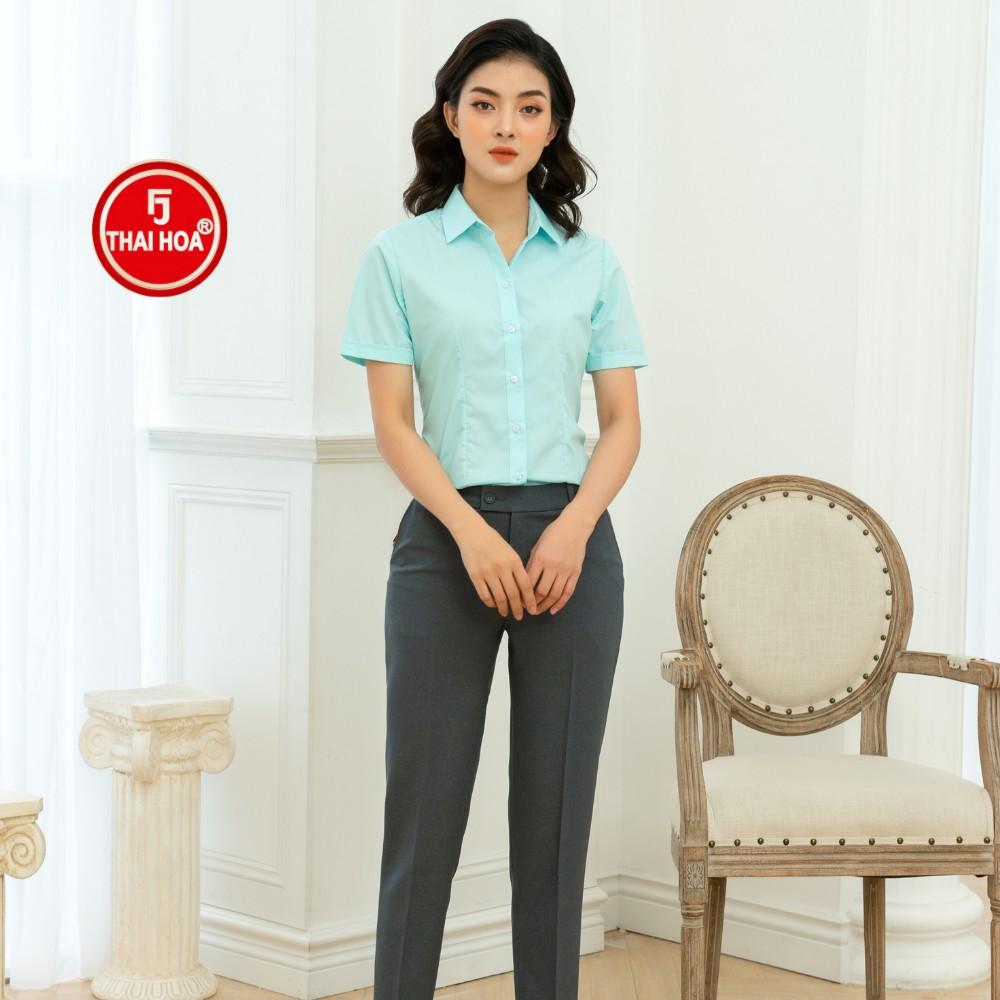 Áo sơ mi thời trang Thái Hòa N047-04-01 vải cotton thoáng mát màu xanh thiên thanh