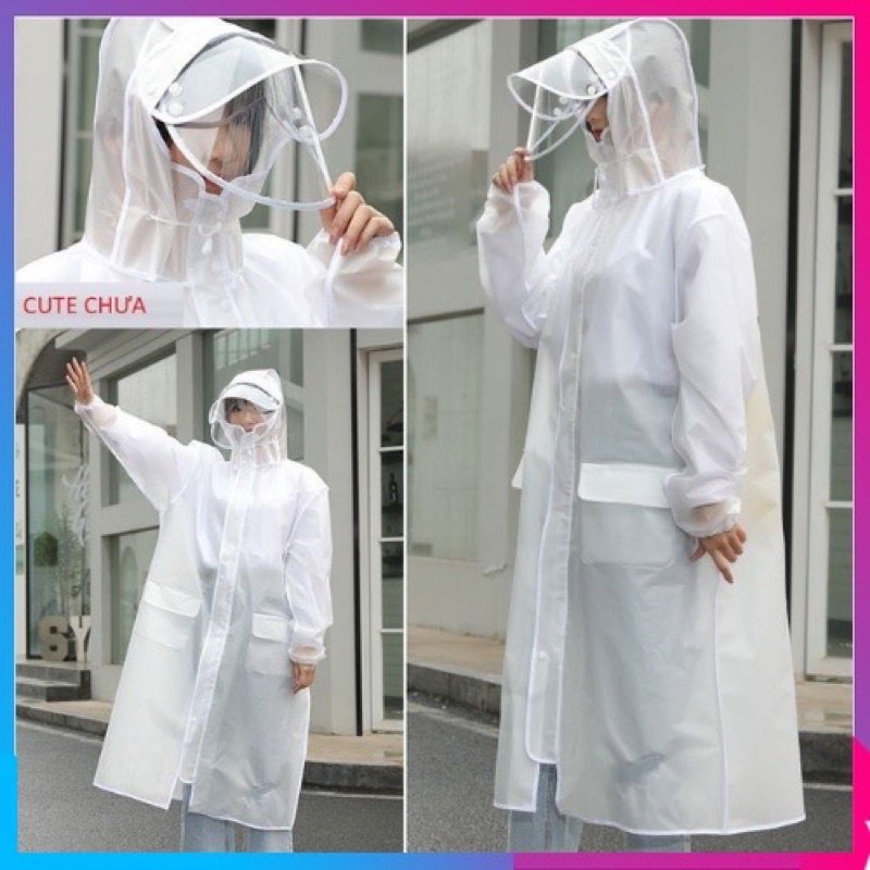 Áo mưa trong thời trang cho nam và nữ thiêt kế kiểu dáng măng tô, có mũ và kính chắn mưa tạt vào mặt, chất liệu nhựa PVC nhanh khô, khả năng trượt nước tốt, chống nhăn khi gấp gọn