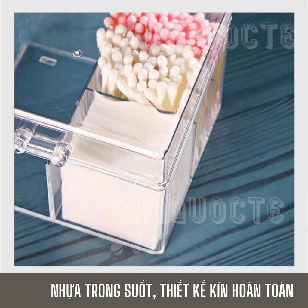 Hộp đựng bông tẩy trang bông tăm kèm khay để mút trang điểm có nắp chống bụi trong suốt HNTS10