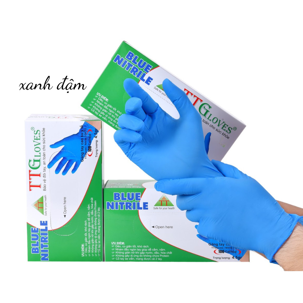 Găng Tay Y Tế, Găng Tay Cao Su Y Tế Không Bột Nitrile TTGLOVES cao cấp Màu Xanh 4.5g 100 Chiếc (SIZE M)