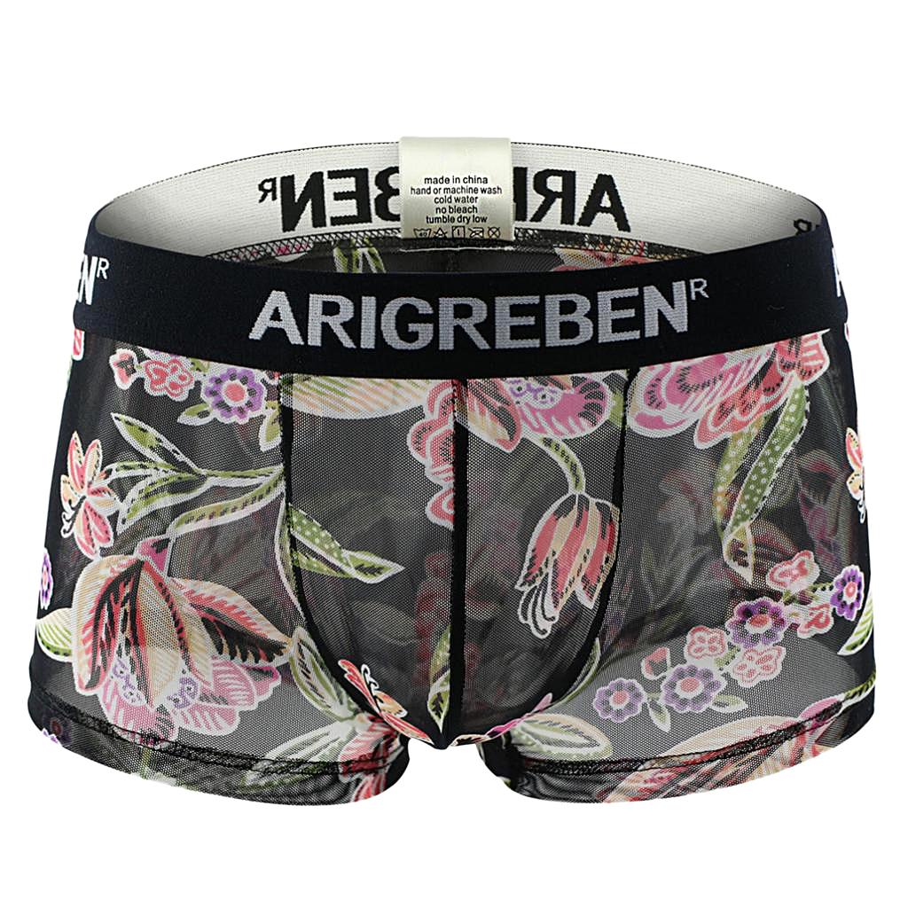 Mens Sexy Sheer Mesh Net Underwear Boxer Briefs Flower Underpants