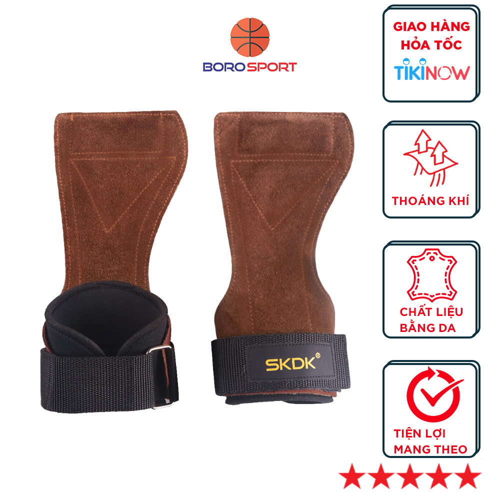 Găng Tay Tập GYM Da Bò Hở Mu Bàn Tay Lifting Grips , Dây Kéo Lưng - Hàng chính hãng BORO SPORT