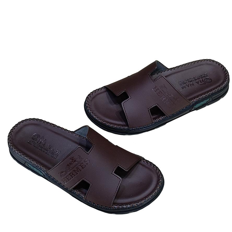 Dép Nam Da Bò HA NAM Đế Siêu Nhẹ Khâu Chỉ Toàn Bộ DNA22041 - Màu Đen