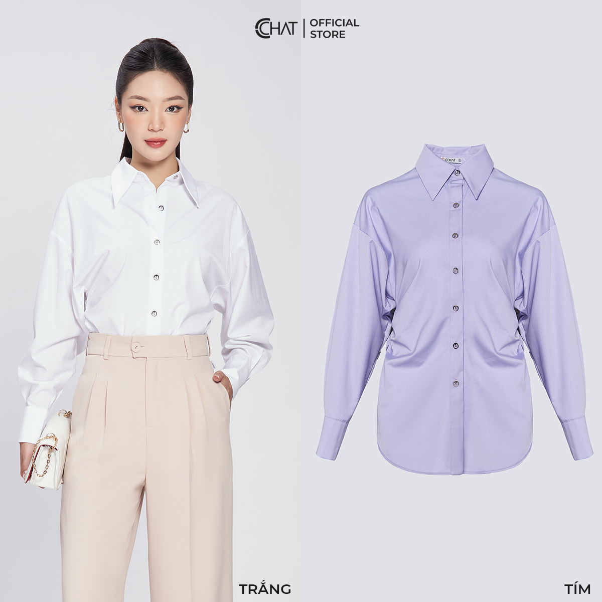 Áo Sơ Mi Nữ CCHAT Nhún Sườn Gấu Cong Chất Thô Cao Cấp 53FDT2018OT