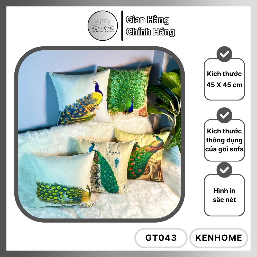 Gối Sofa Họa Tiết Chim Công - Gối Tựa Sofa Decor Cổ Điển, Nhã Nhặn Cho Phòng Khách - Vải Bố Cao Cấp - Kích Thước 45X45cm