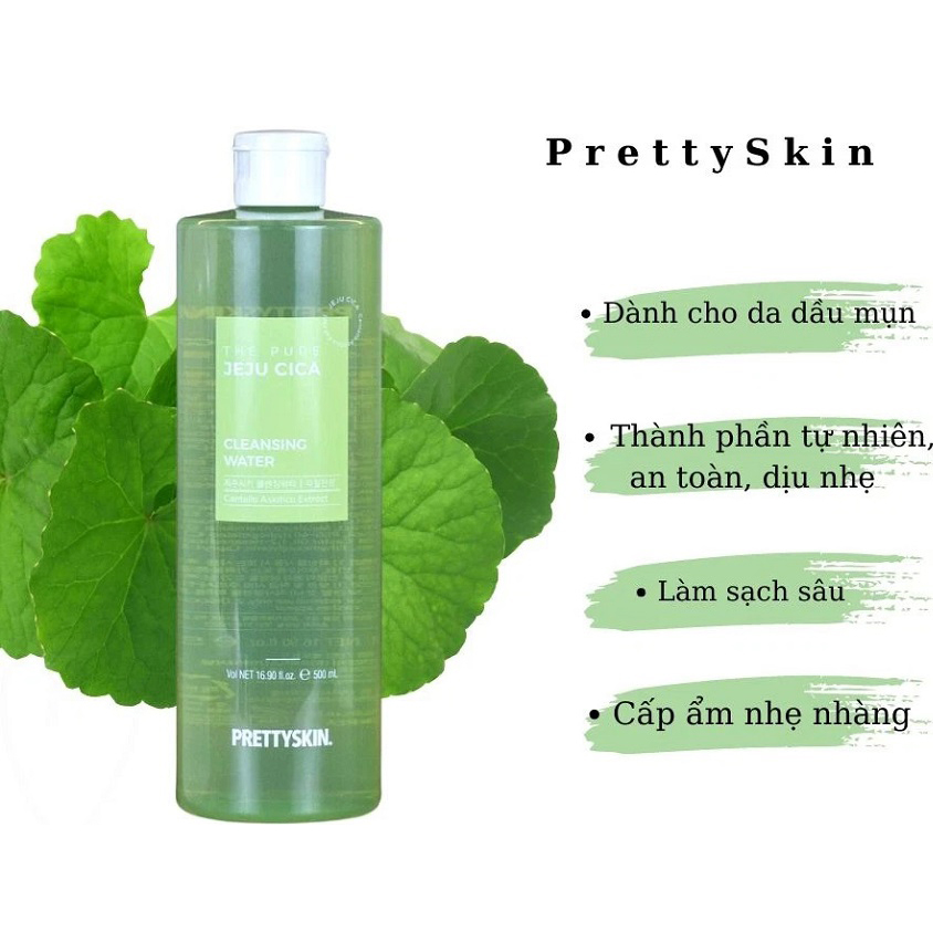 Nước Tẩy trang Rau Má Cho Da Dầu Mụn Pretty Skin The Pure Jeju Cica Cleansing Water 500ml