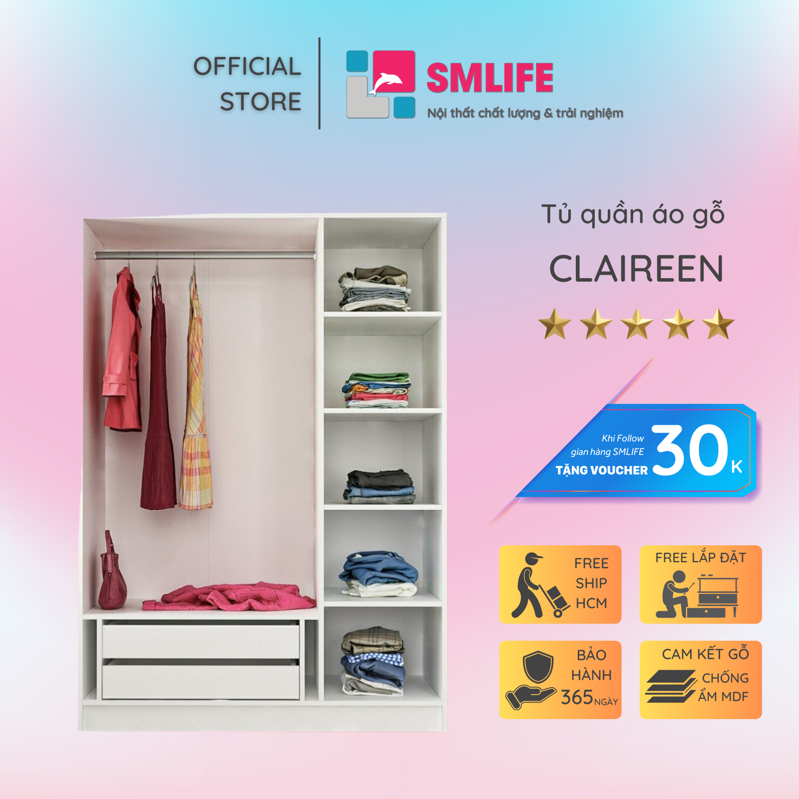 Tủ quần áo gỗ hiện đại SMLIFE Claireen  | Gỗ MDF dày 17mm chống ẩm | D135xR52xC190cm