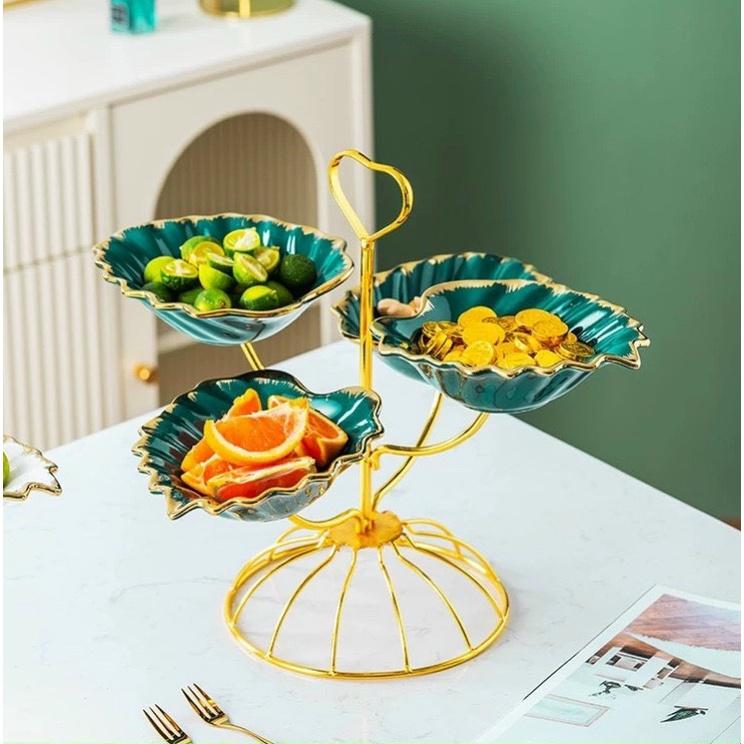 KHAY ĐỰNG BÁNH KẸO HOA QUẢ 4 TAY SEN MẦU XANH CỔ VỊT KHUNG KIM LOẠI MẠ VÀNG CAO CẤP SANG TRỌNG