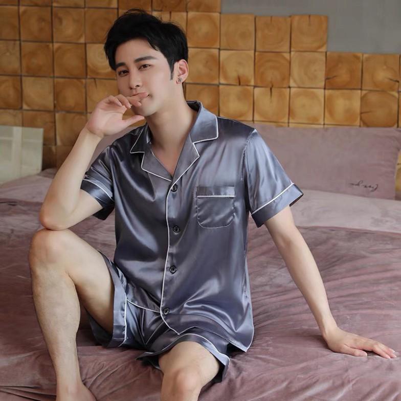 Đồ mặc nhà pijama lụa bóng cộc tay quần đùi nam màu trơn cao cấp