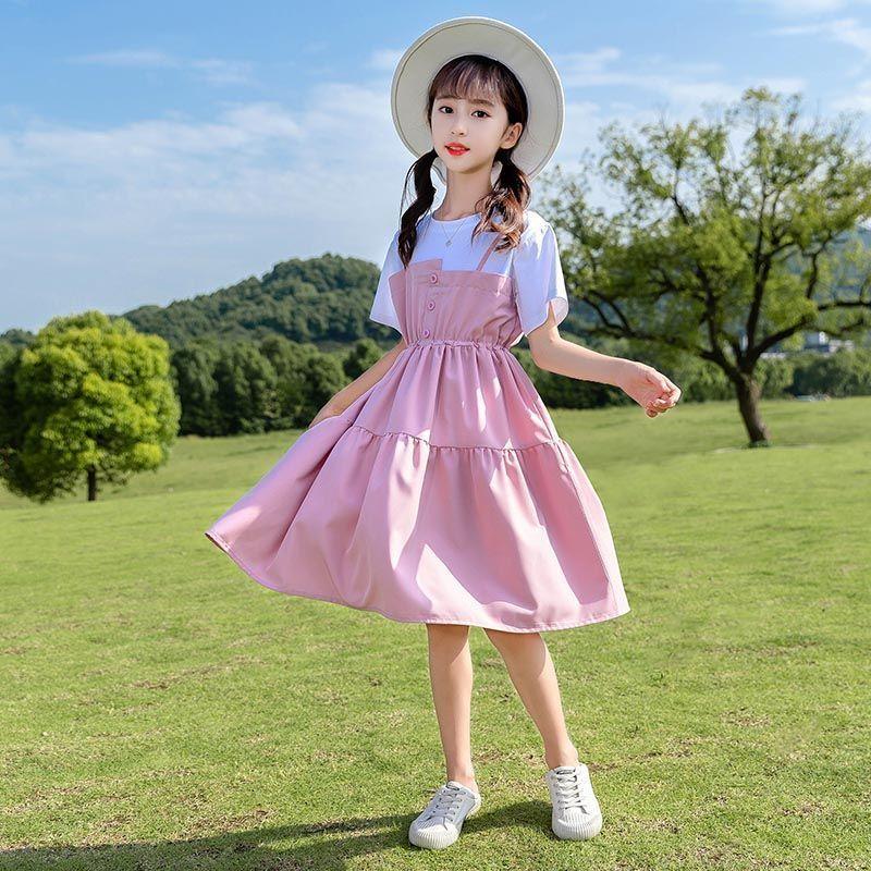 DONGSHOP HOT Cô gái ăn mặc mùa hè 2023 váy trẻ em trung bình lớn phong cách tây kẻ sọc đầm cô gái váy công chúa