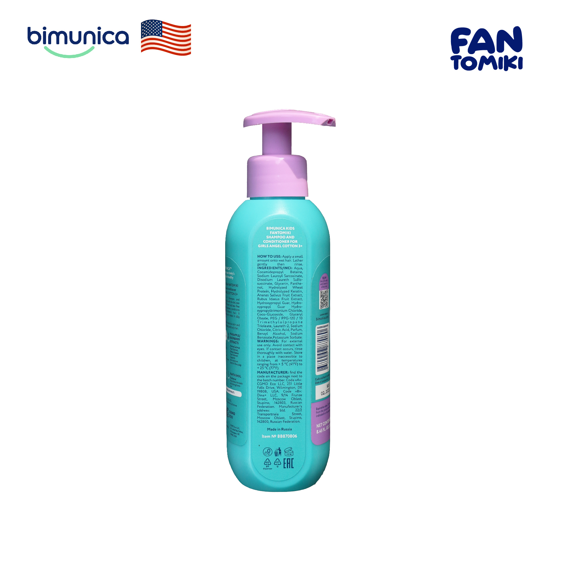 Dầu Gội Xả 2in1 BIMUNICA Fantomiki Cho Bé Gái từ 3 Tuổi - 250ml Không Cay Mắt, Làm Sạch, Mềm Mượt, Tạo Nếp