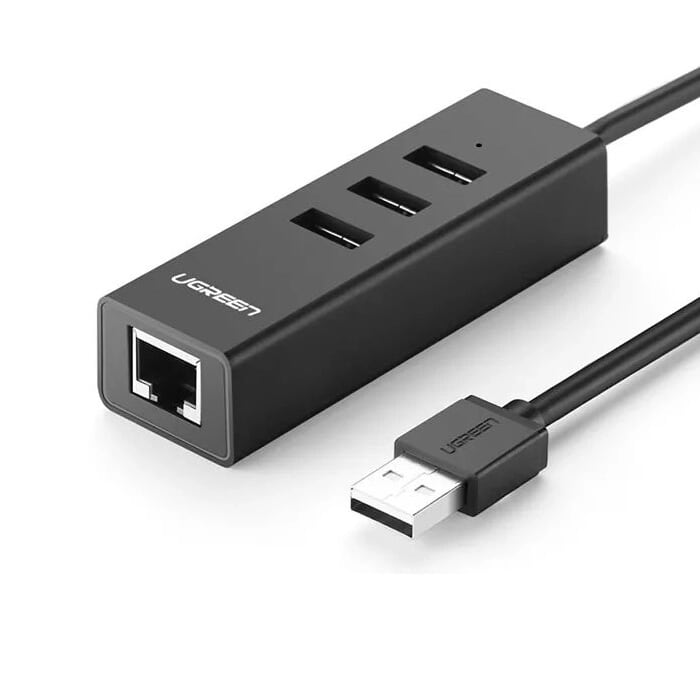 Cáp chuyển đổi USB 2.0 Sang 1*Lan RJ45 hổ trợ 10/100Mbps, 3*USB 2.0 dây dài 30cm màu Đen Ugreen UNW30298CR129 hàng chính hãng