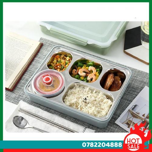 Hộp Cơm Văn Phòng Inox 5 Ngăn Giữ Nhiệt Nắp Đậy Chống Tràn Tặng Kèm Đũa Thìa Inox Tiện Ích, Khay Đựng Cơm Inox 304 - CH Hương Thị Miễn Phí Vận Chuyển