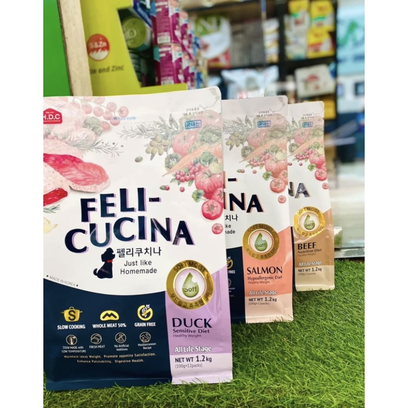 Hạt mềm cho Chó Feli Cucina Grain Free cao cấp không tinh bột thành phần Thịt Bò, Thịt Vịt & Cá hồi cho chó kén ăn