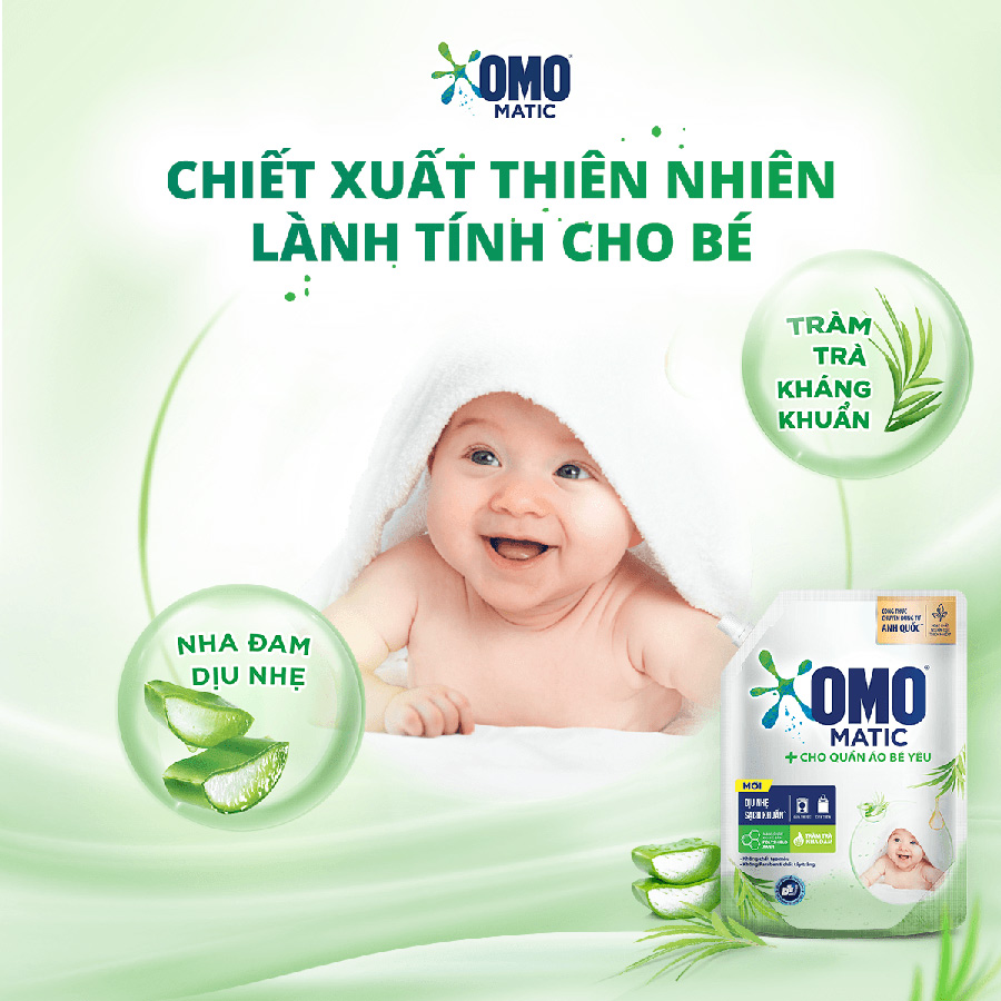 Combo 2 TúI Nước Giặt Omo Matic Cho Quần Áo Bé Yêu Chiết Xuất Tràm Trà Và Nha Đam Dịu Nhẹ, Sạsh Khuẩn , túi 3.6Kg