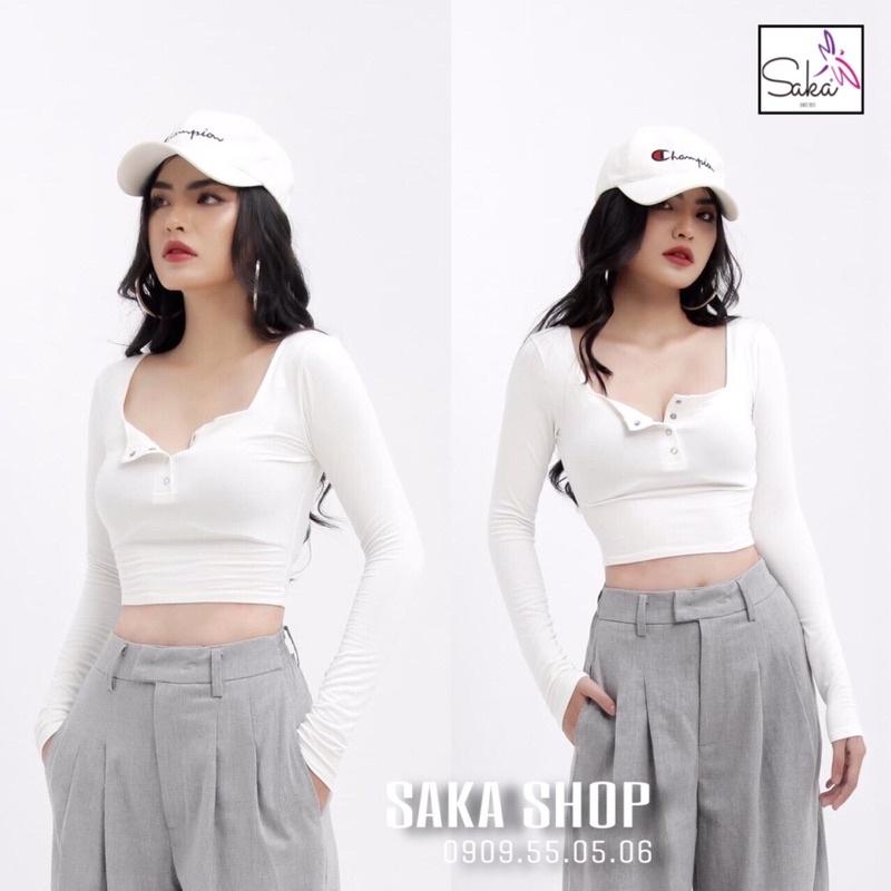 Áo thun croptop tay dài nữ nút sắt vải thun đẹp chánh phẩm