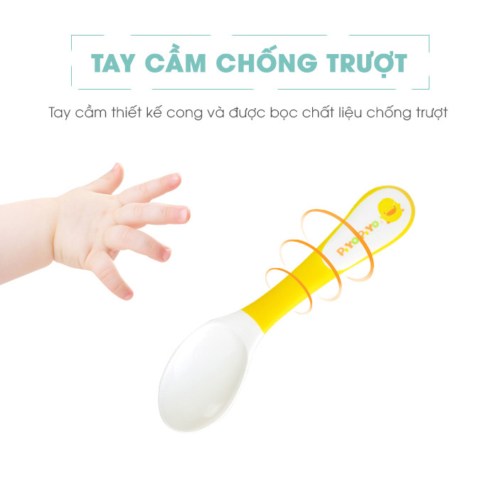 Muỗng tập ăn tay cầm cong cho bé (6M+) Piyo Piyo chống trơn tuột