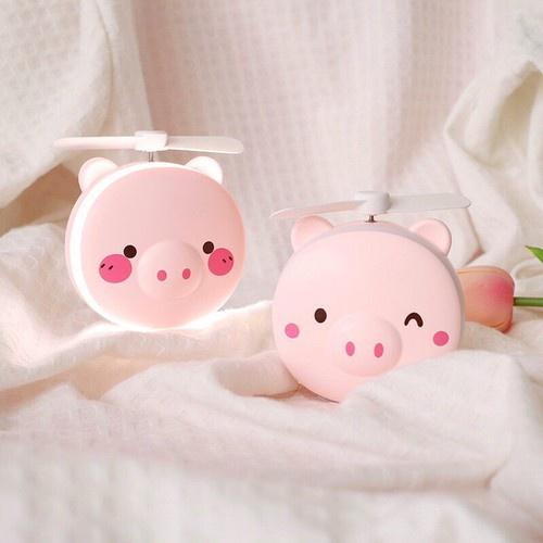 Quạt Mini Tích Điện Cầm Tay USB Để Bàn Hình Heo Kèm Gương Có Đèn H075