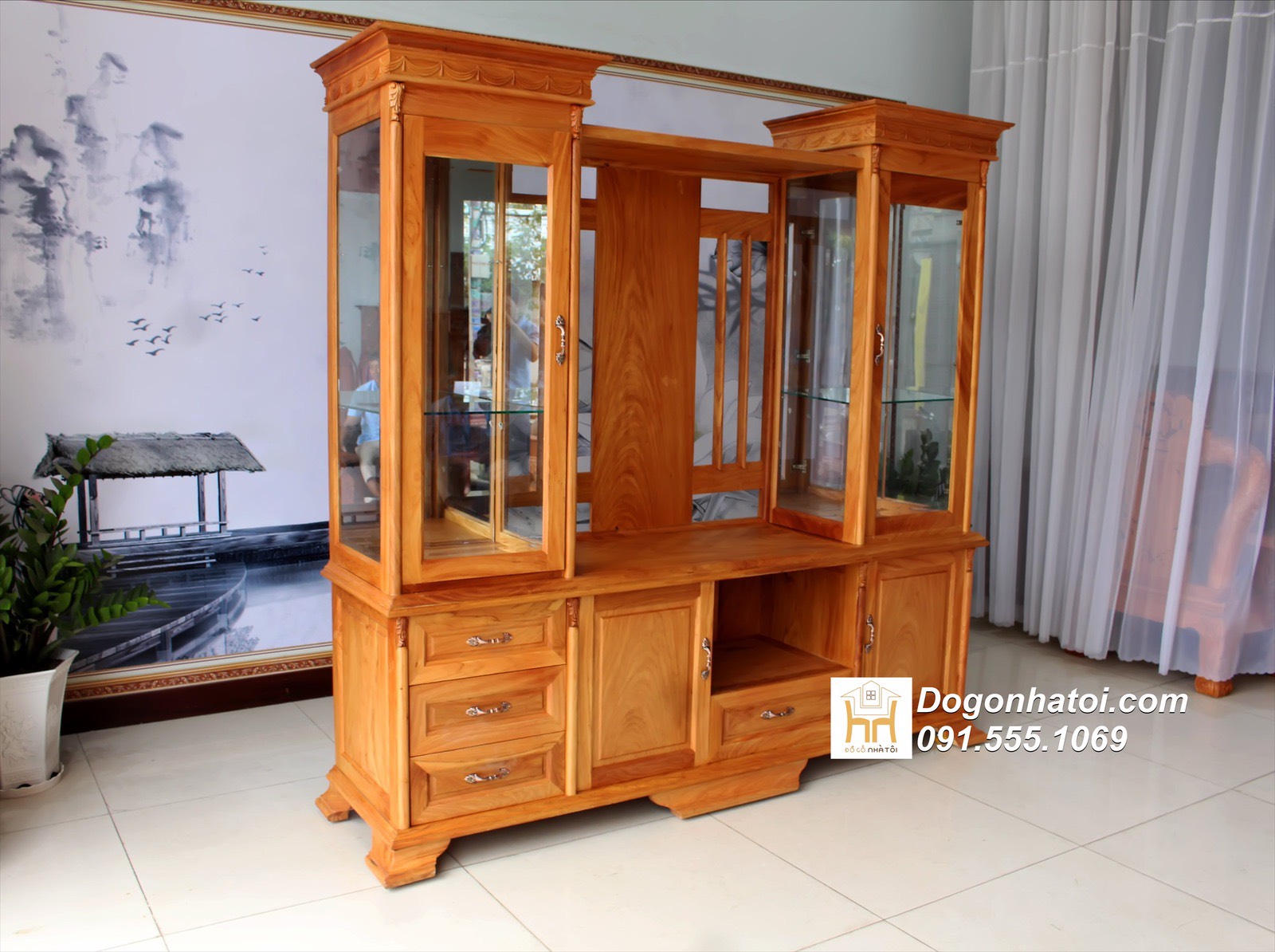 Mẫu Tủ Kệ Tivi Có Kính Ngăn Phòng Gỗ Gõ Đỏ - TR633