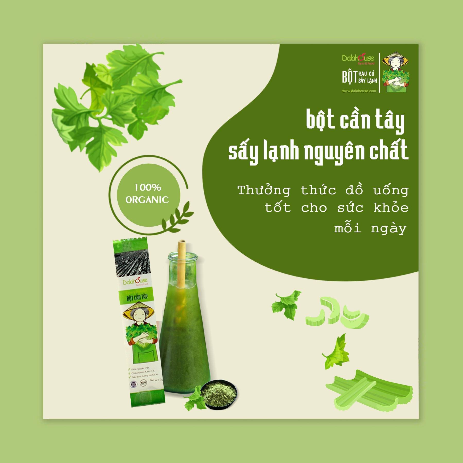 Bột Cần Tây Sấy Lạnh Dalahouse - Bột Rau Củ Nguyên Chất 100%, Gói 3gram Cho 1 Lần Uống Tiện Lợi, Pha Kèm Mật Ong Hỗ Trợ Giảm Cân, Đẹp Da, Đạt Tiêu Chuẩn Chất Lượng FDA -Hoa Kỳ