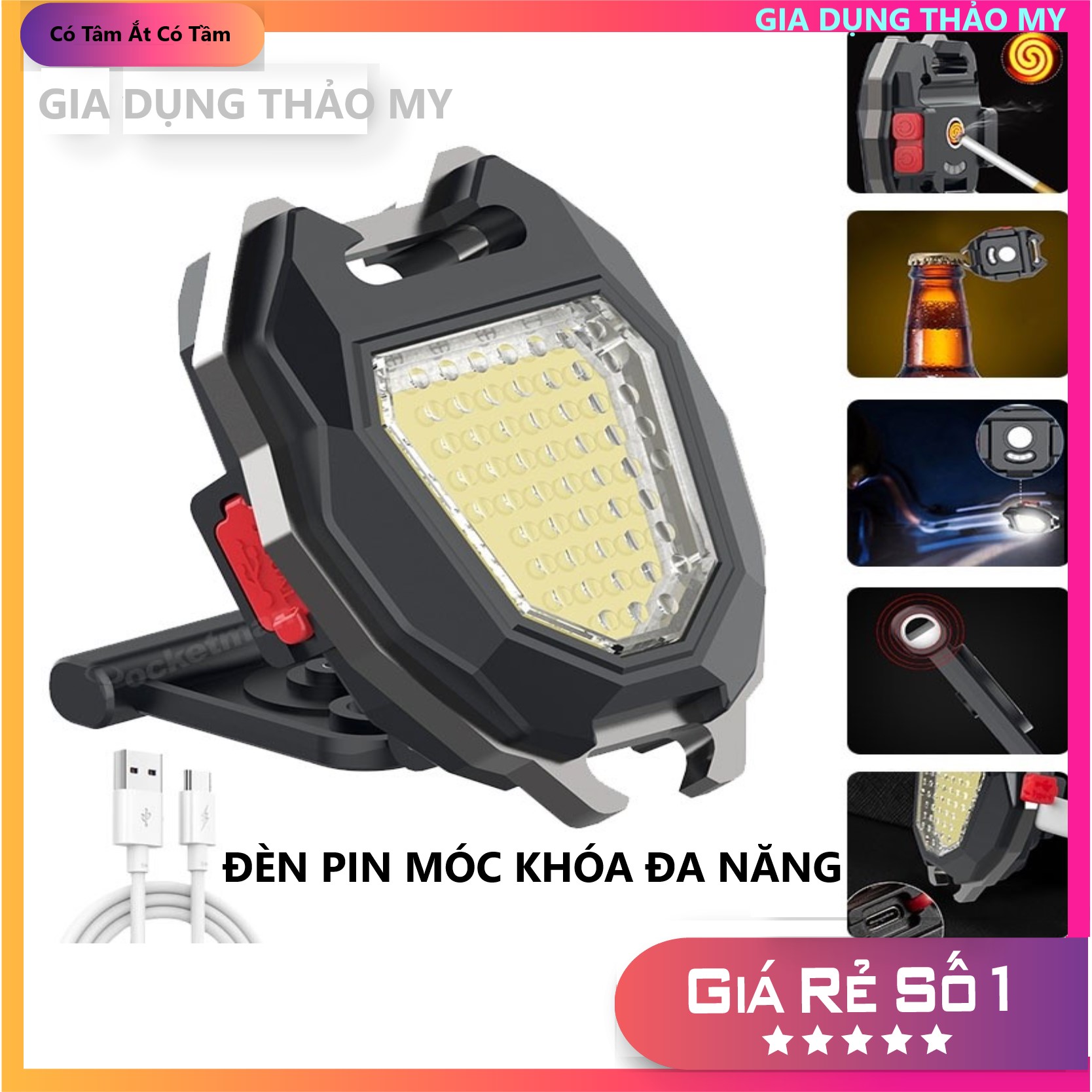 Đèn LED Mini Móc Khóa - Đèn Pin COB - Đèn Pin Dã Ngoại - Sạc USB Tiện Dụng- Kiêm hộp quẹt