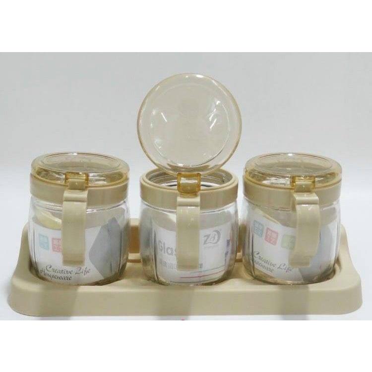 Bộ 3 hũ đựng gia vị thủy tinh kèm khay