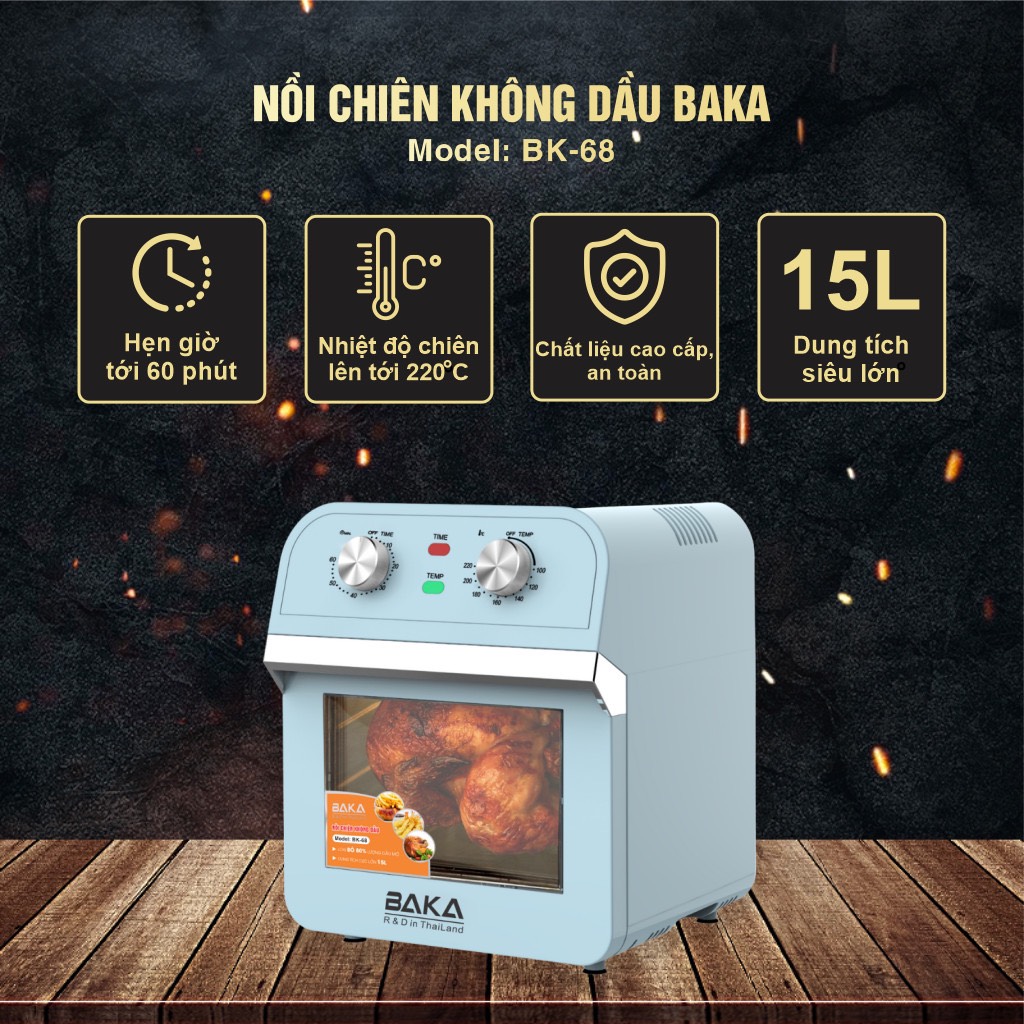 Nồi Chiên Không Dầu Dung Tích Siêu Lớn BAKA BK-68 (15 lít) - Màu Ngẫu Nhiên - Hàng Chính Hãng