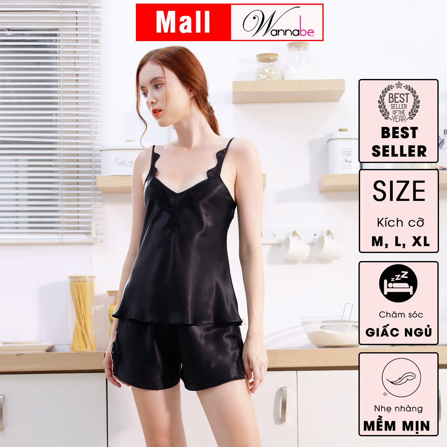 Đồ bộ mặc nhà lụa cao cấp WANNABE BSS39 đồ bộ quần sọt phối áo 2 dây lưng cut-out viền ren gợn sóng trẻ trung quyến rũ