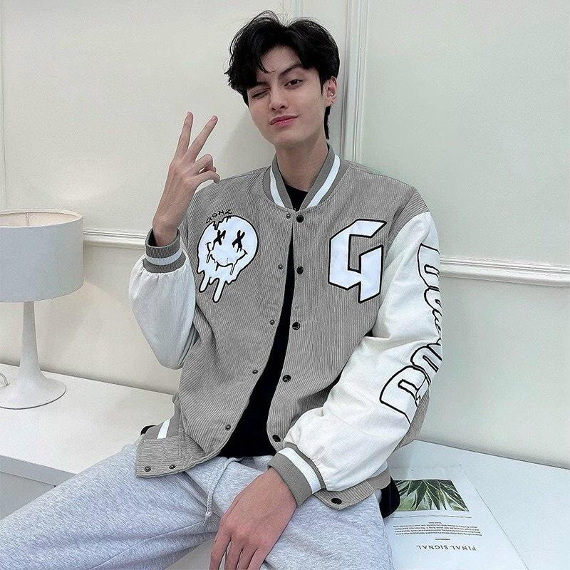 Áo Khoác Nhung Gân Tăm Bomber Jackets Thêu Logo G.O.N.Z Cúc Bấm Unisex Nam Nữ Form Rộng Ulzzang