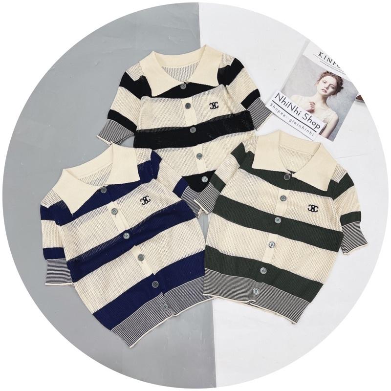 Áo len cổ bẻ kẻ ngang, Áo kiểu cài cúc bo chun ngắn tay co giãn AL9058 - NhiNhi Shop