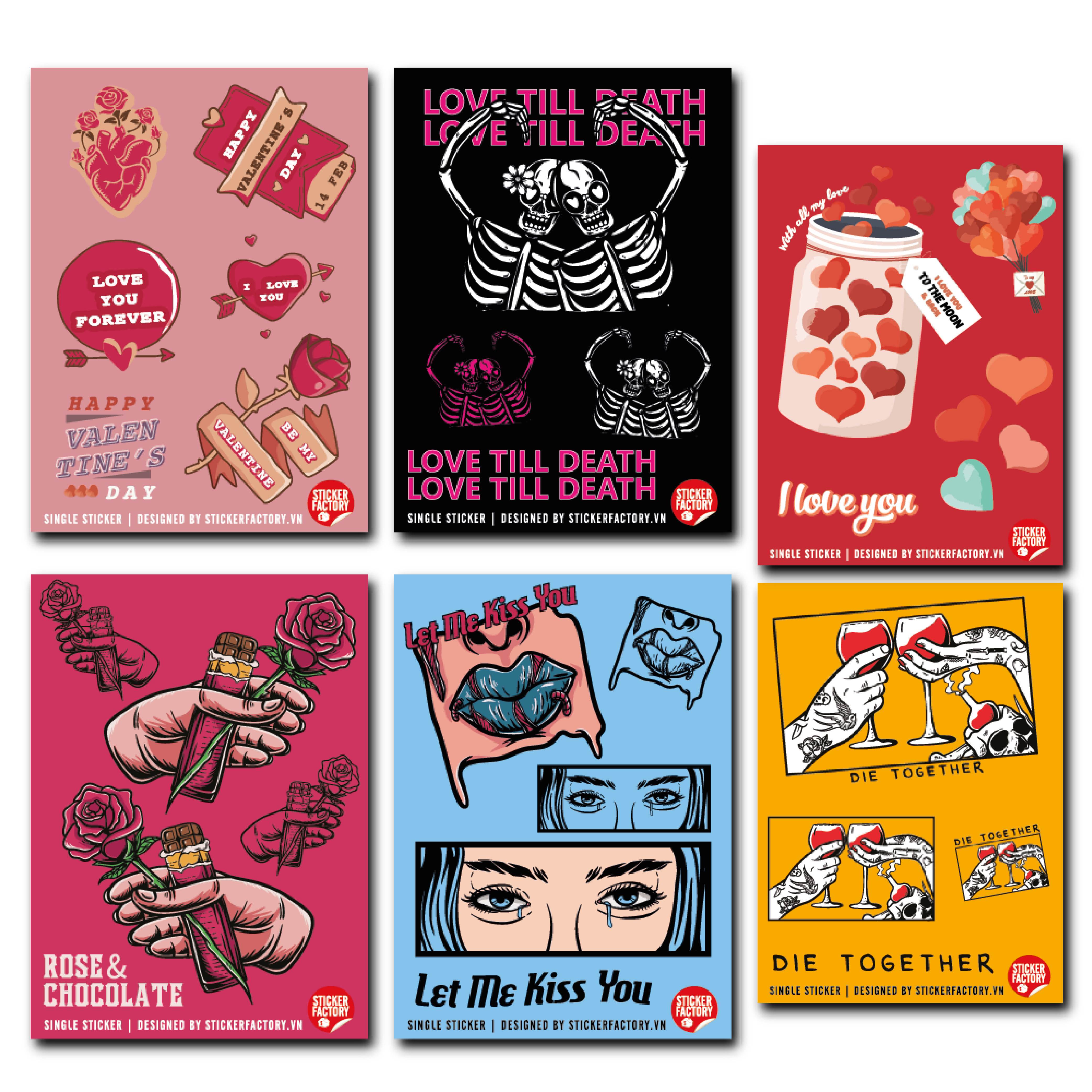 Combo 6 tấm Happy Valentine's Day - Single Sticker hình dán lẻ