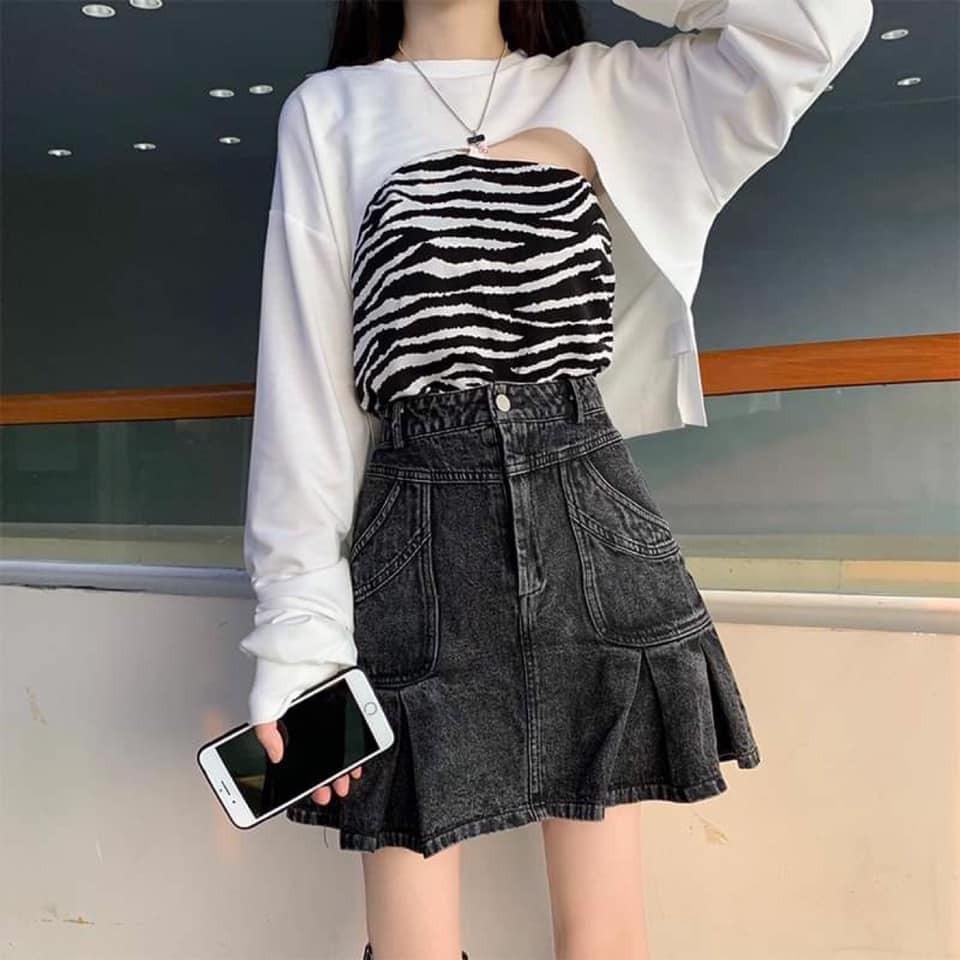 Set áo crop tay dài ngựa vằn siêu hot tiktok