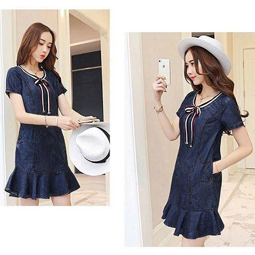 Đầm Jean Nữ Form Xòe Ngôi Sao Phối Dây Cổ Viền Màu