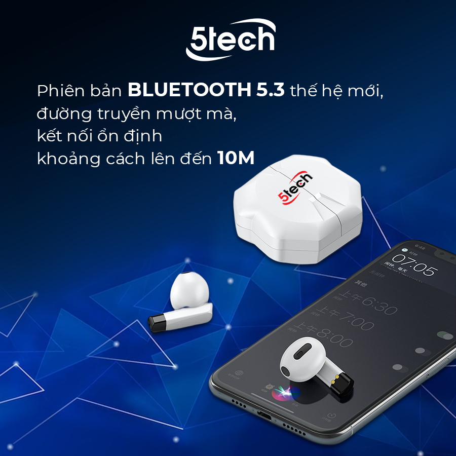 Tai nghe bluetooth 5TECH không dây hàng chính hãng, tai phone nhét tai TWS 5.0 kết nối nhanh, ổn định, màn hình LED nghe nhạc chơi game âm thanh cực đỉnh 