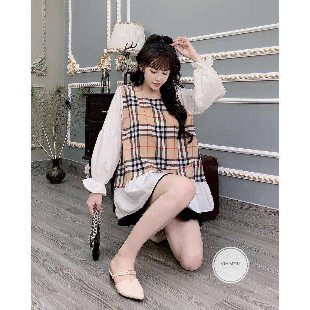 Áo bầu kẻ XUÂN HÈ dáng babydoll trẻ trung, có nơ bụng, chất cotton cho mẹ bầu đi làm đi chơi freesize 45-65kg