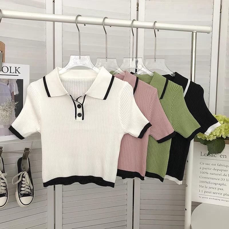 Áo polo croptop kiểu len gân nữ tay ngắn dáng ôm body cổ bẻ dệt kim thời trang phong cách Hàn Quốc trẻ trung