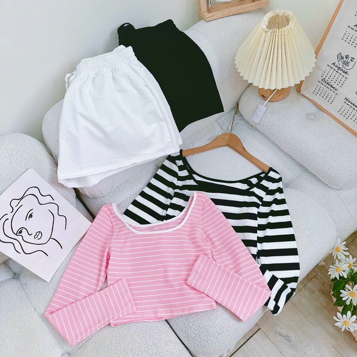 SET ĐI BIỂN ÁO THUN ÔM BODY TAY DÀI SỌC + QUẦN GIẢ VÁY NGẮN SHORTS LƯNG CAO ỐNG RỘNG ĐỒ BƠI 2 MẢNH DẠO PHỐ ĐI CHƠI