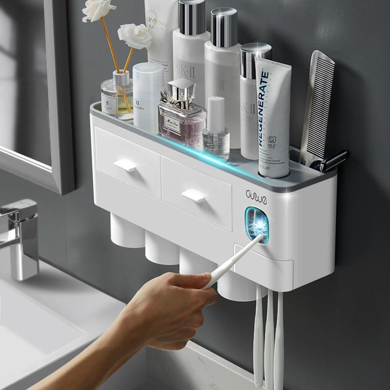 Kệ Phòng Tắm Thông Minh Kèm 4 Cốc Hút Từ Tính Có Nhả Kem Đánh Răng Tự Động Lắp Đặt Dính Tường