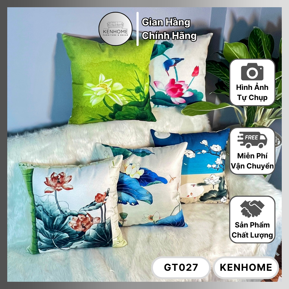 Gối Sofa Họa Tiết Hoa Sen - Gối Tựa Lưng Sofa Phong Cách Sang Trọng Trang Trí Nhà Cửa - Vải Bố Cao Cấp - Kích Thước 45x45cm