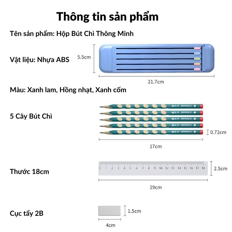 Hộp Bút Chì Thông Minh Gọn Nhẹ Siêu Bền Có 5 Bút Chì Thước Kẻ Và Cục Tẩy 2B Sandrine HB-02 - Hàng Chính Hãng