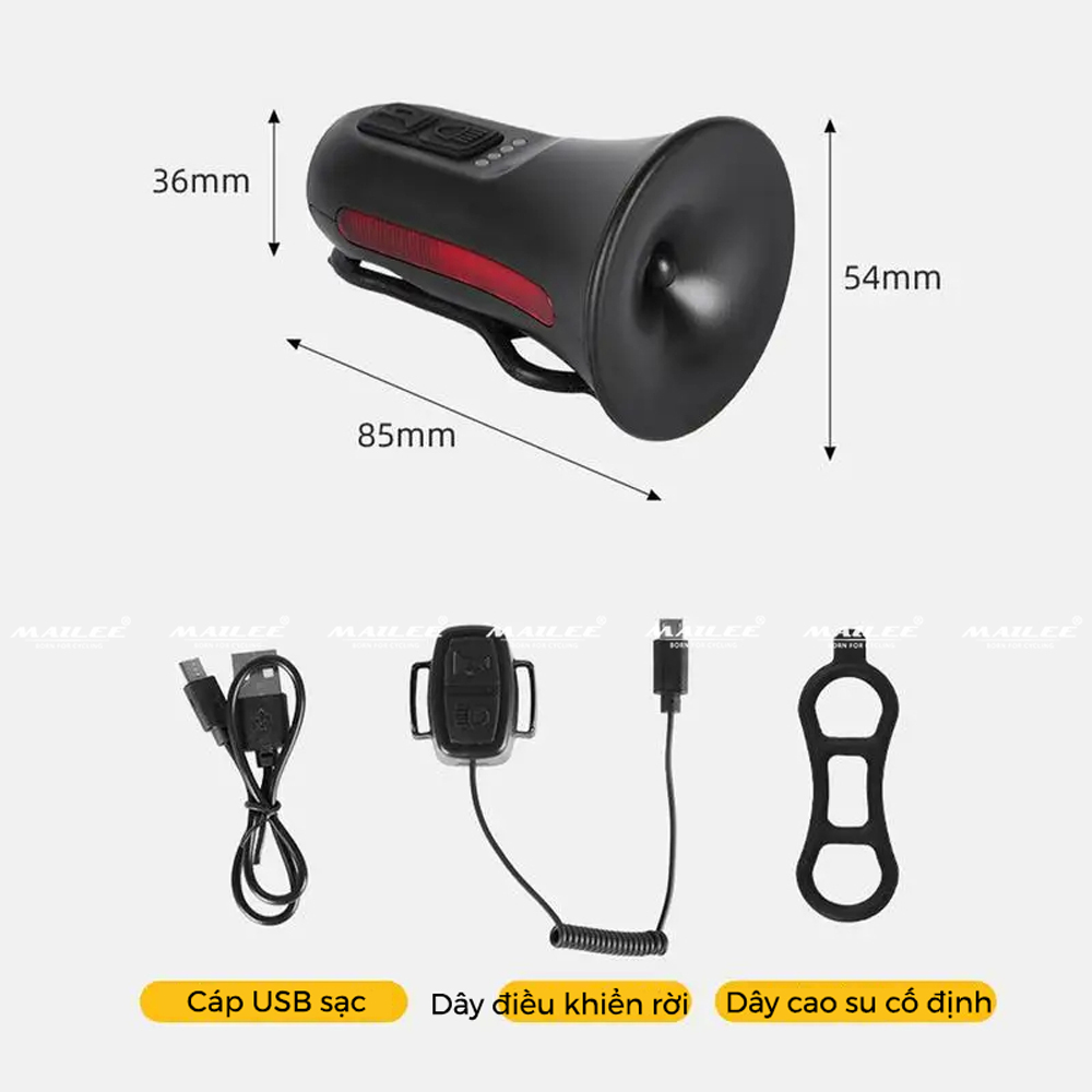 Còi Xe Đạp Âm Lượng Cao 120db HYD-074S có dây nhấn USB, Có Đèn cảnh báo, 5 Chế Độ Âm Thanh, Sạc điện USB Cho Xe Đạp MTB/ đường trường - Mai Lee