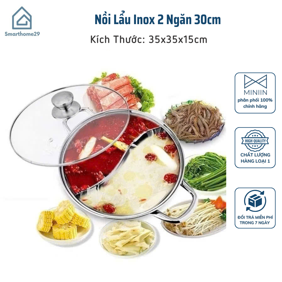 Nồi Lẩu Inox 2 Ngăn 30cm Nấu Được Bếp Từ và Bếp Gas, Có Nắp Kính Chất Lượng Cao - HÀNG CHÍNH HÃNG MINIIN