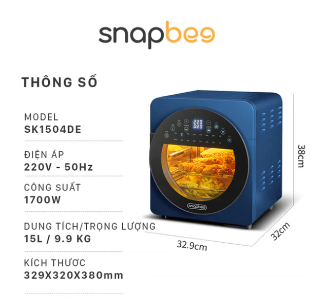 Nồi Chiên Không Dầu SNAPBEE SNK1504DE Thương Hiệu Mỹ Cao Cấp,16 Chức Năng Tích Hợp, Dung Tích 15L, Công Suất thực 1700W - Hàng Chính Hãng