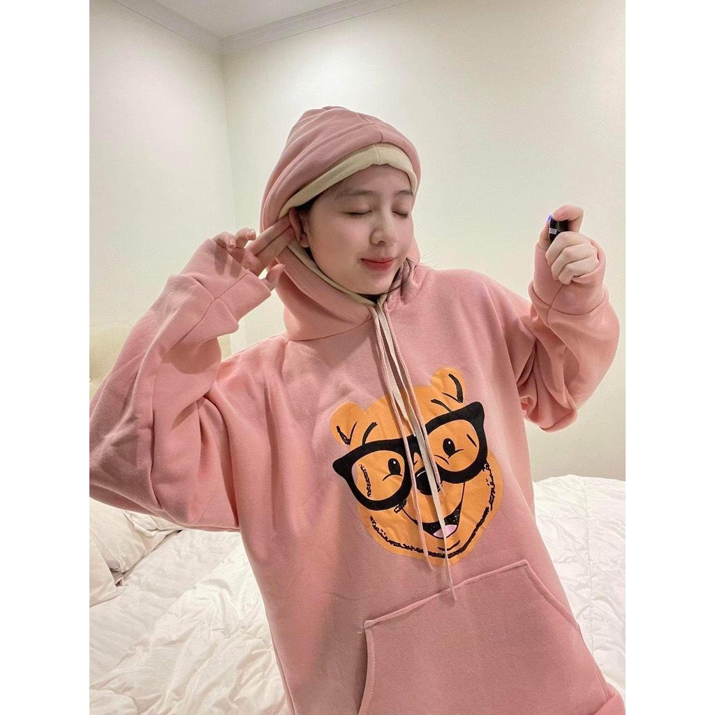 Áo Hoodie Nỉ Unisex Nam Nữ Gấu Đeo Kính Mũ 2 Lớp