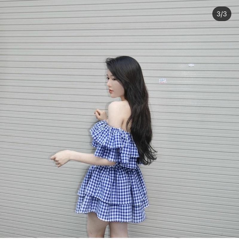 Đầm Bẹt Vai Caro Xanh Bèo Váy Xoè Tầng Siêu Xinh
