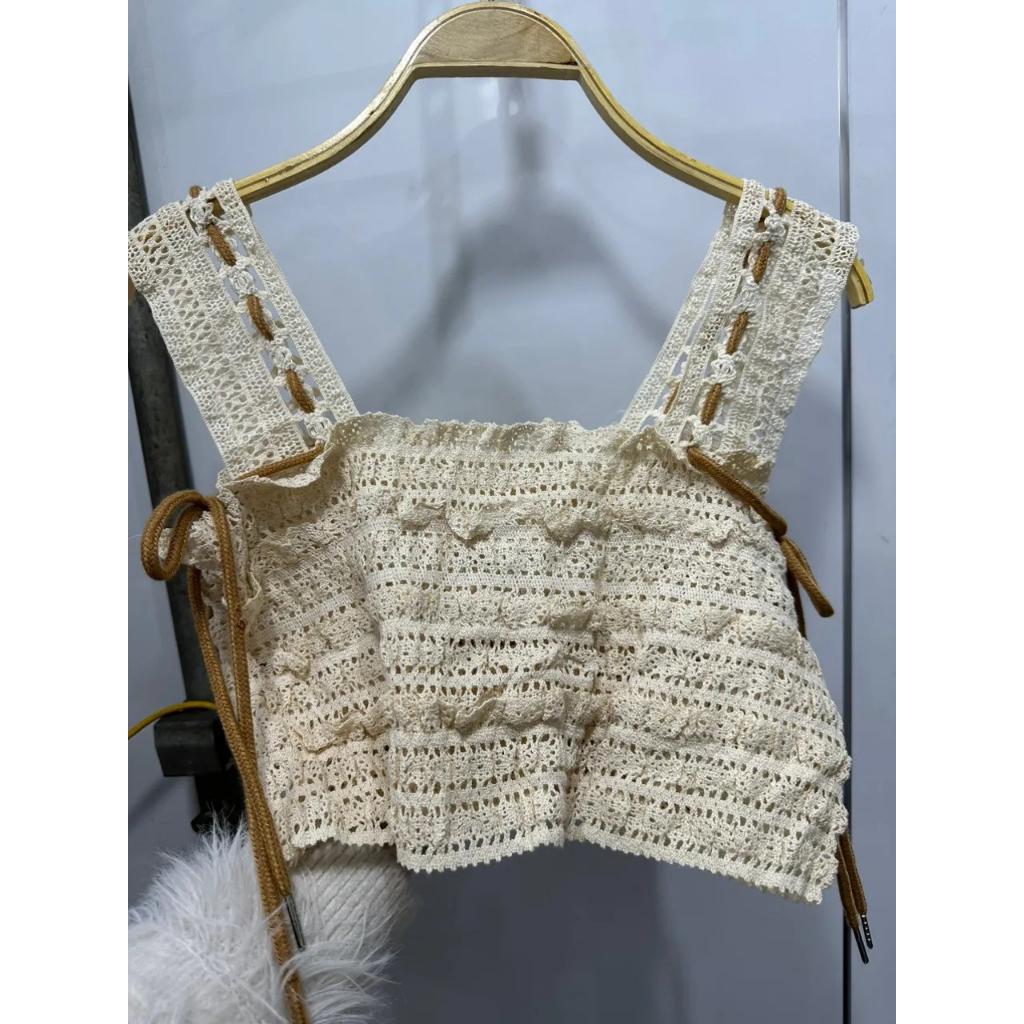 Áo 2 dây cánh tiên cúc gỗ viền ren, Áo nữ dáng ngắn croptop thời trang đi biển A12