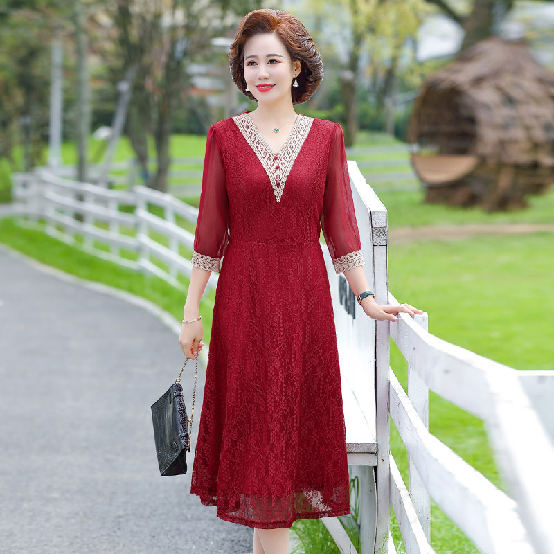 Váy Dài Cổ V Thanh Lịch Phối Ren Cho Mẹ VH26 - Hàng Quảng Châu Cao Cấp