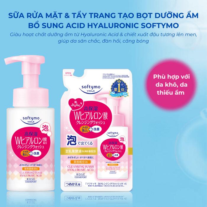 Sữa Rửa Mặt & Tẩy Trang Tạo Bọt Dưỡng Ẩm Bổ Sung Acid Hyaluronic Softymo Kosé Nhật Bản