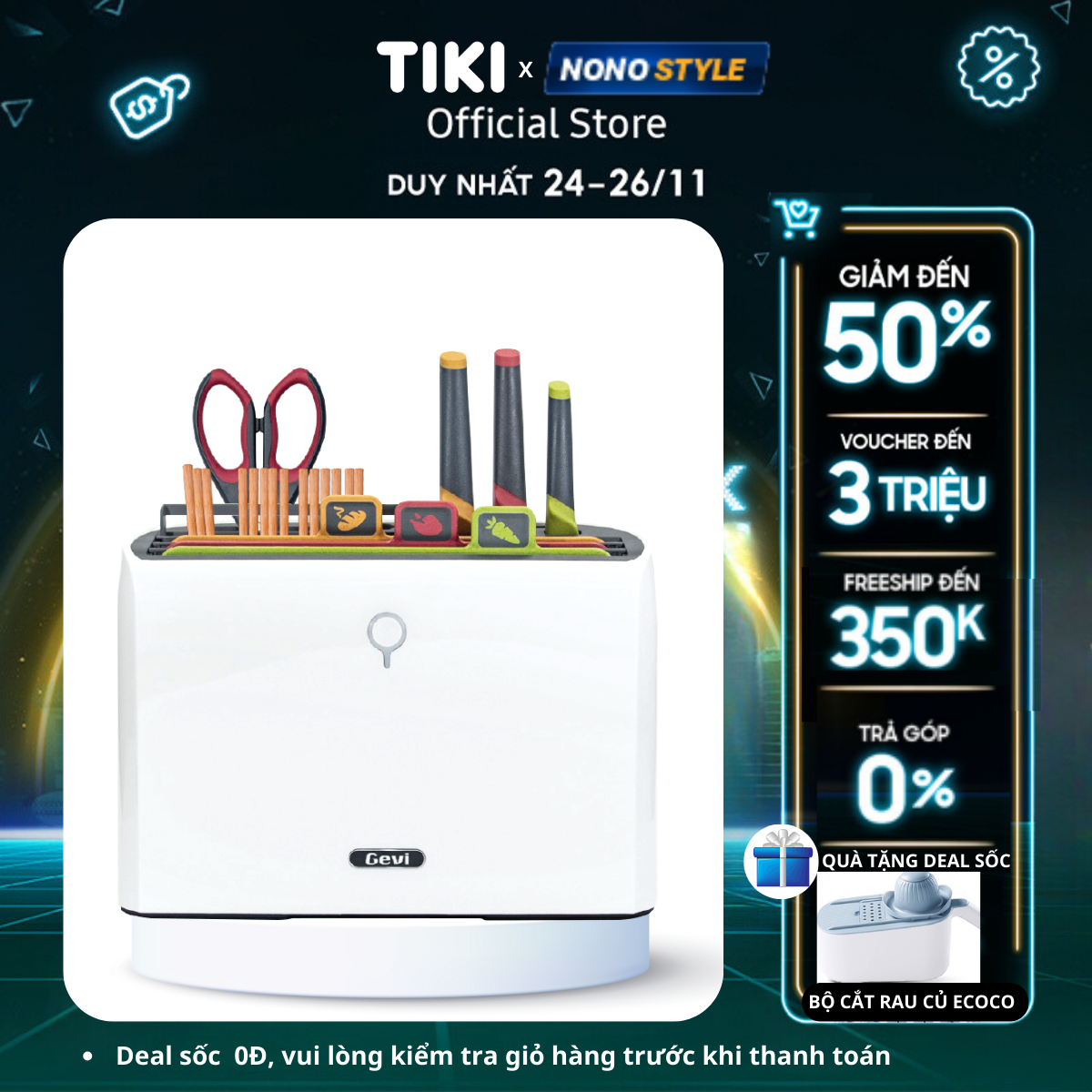Bộ Dao Thớt Kháng Khuẩn UV - Sấy Khô 60 Độ, Khử Khuẩn UV, 8 Món Gevi GEXDZ01-V - Chính Hãng, Bảo Hành 12 Tháng