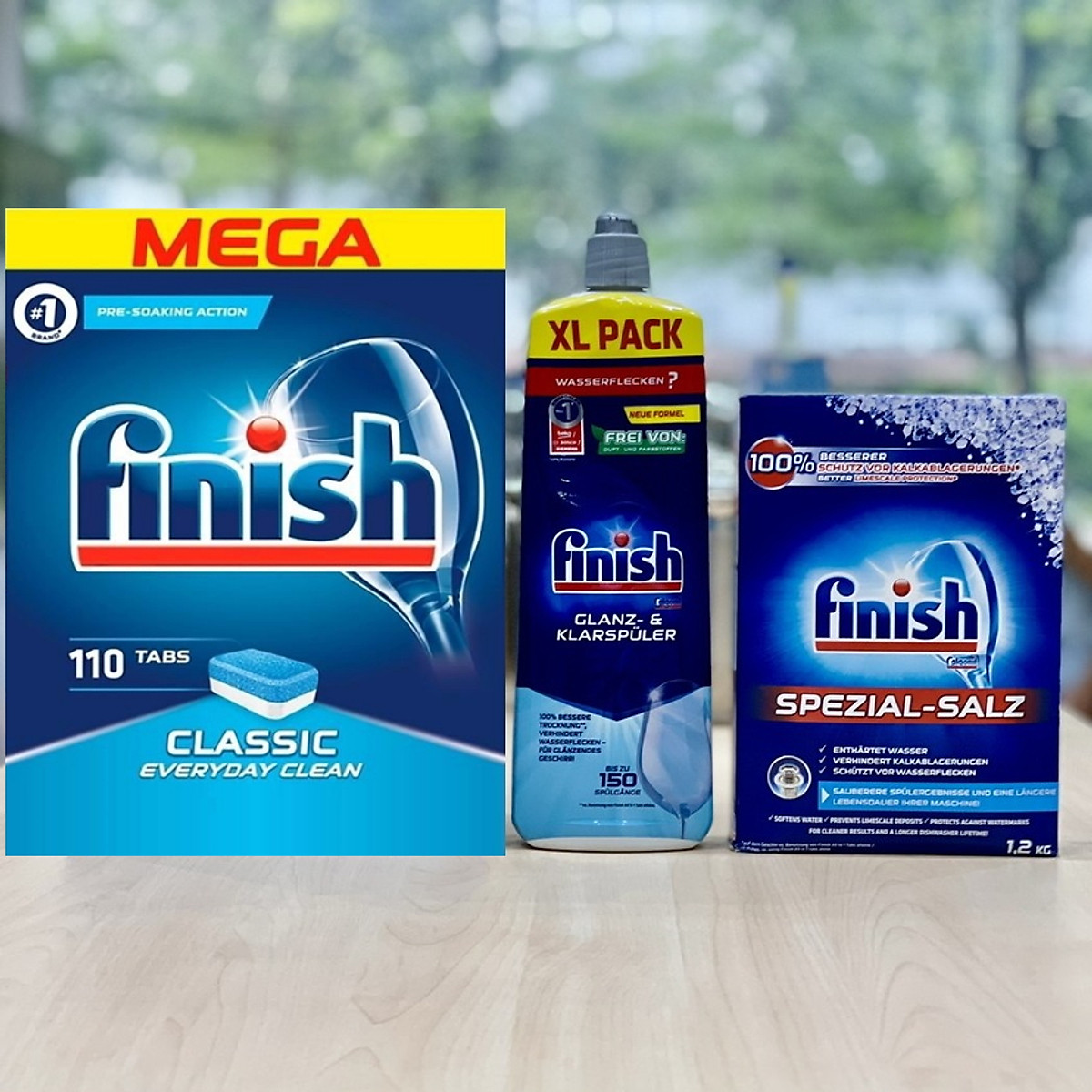 COMBO FINISH: Viên rửa bát Finish Classic 110 viên + Muối 1,2kg + Nước làm bóng 750ml